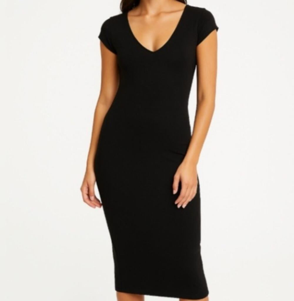 See You Monday V Neck Cap Sleeve Midi Dress Black Size L EUC
